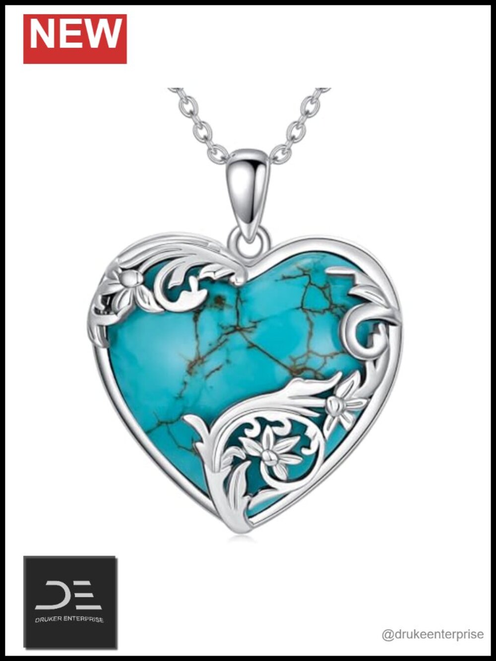 Natural Turquoise Heart Necklace 925 Sterling Silver Filigree Pendant Gift